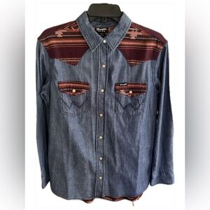 Wrangler Retro Oversized Denim Burgundy SouthWest Style Button Down Shirt XS